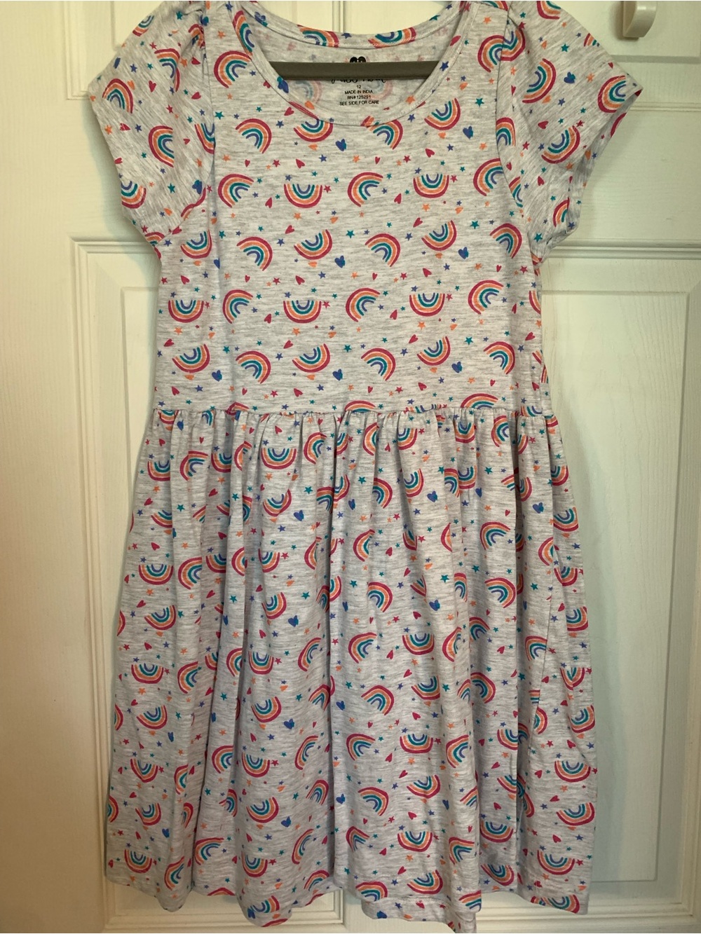 Girls' Gray Rainbow Print Short-Sleeve Casual Dress